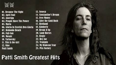 Find out the titles and meanings of Patti Smith's songs, from Because The Night to Wave. Learn about her influences, collaborations and trivia with Songfacts entries for each track.